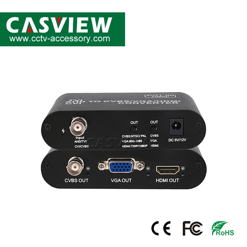 Tvi/Ahd/Cvi to CVBS/ VGA/ HDMI Converter Support 1080P Input/Output 500m CCTV HD Video Converter with EU/Us Plug Power